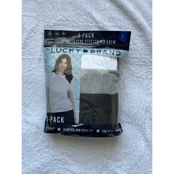 Lucky Brand T Shirt Short Sleeve Women’s L Cotton Blend Ribbed Stretch‎ Soft 3pk - Picture 1 of 2